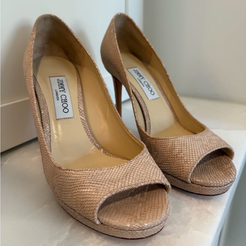 Jimmy Choo Luna Beige Snakeskin Peep Toe Heels